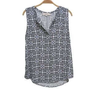 LOFT Sleeveless Blue Black Floral Abstract Open V Neck Blouse Small